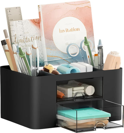 Pen Organizer with 2 Drawer, Multi-Functional Pencil Holder for Desk, Desk Organizers and Accessories with 5 Compartments + Drawer for Office Art Supplies (Yellow)