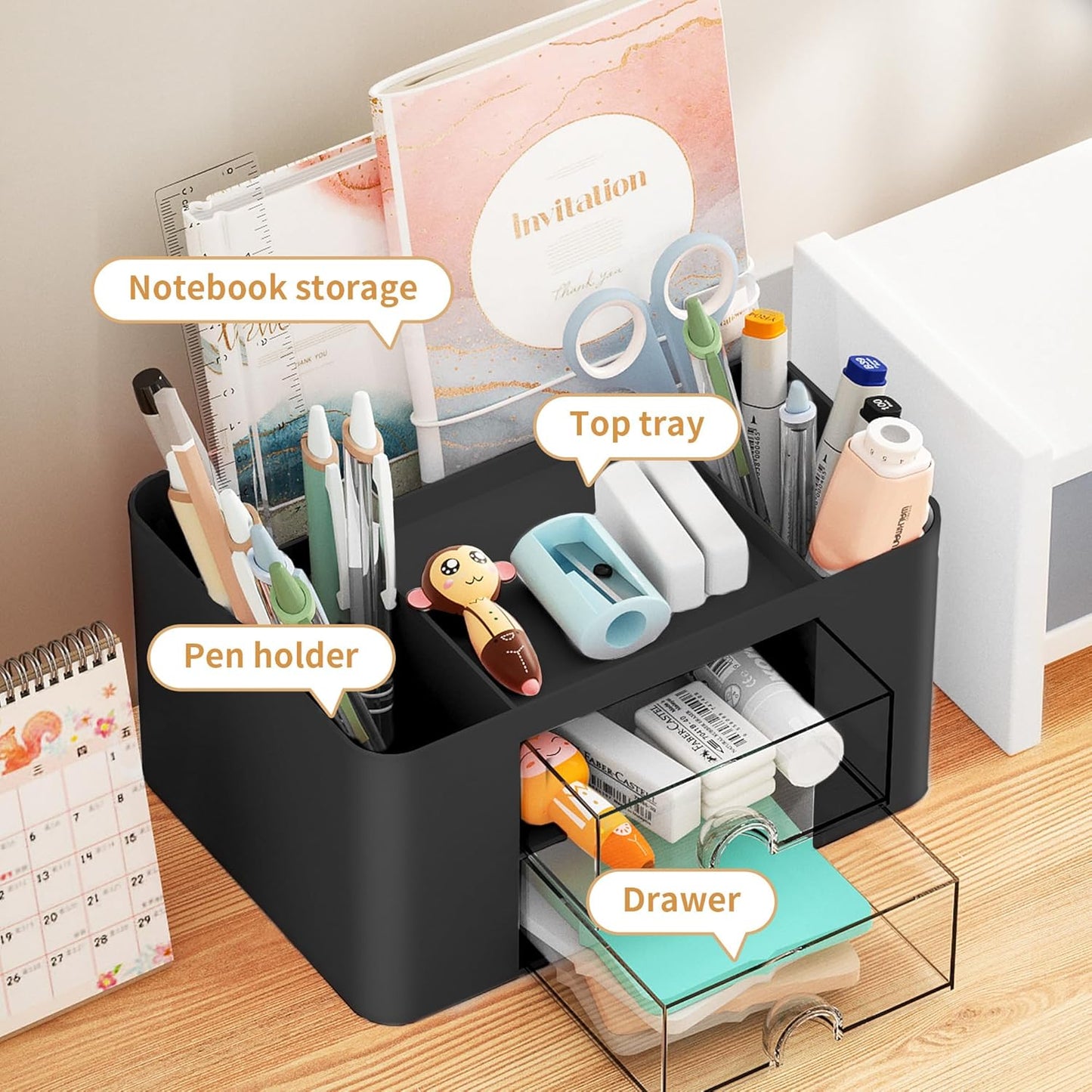 Pen Organizer with 2 Drawer, Multi-Functional Pencil Holder for Desk, Desk Organizers and Accessories with 5 Compartments + Drawer for Office Art Supplies (Yellow)