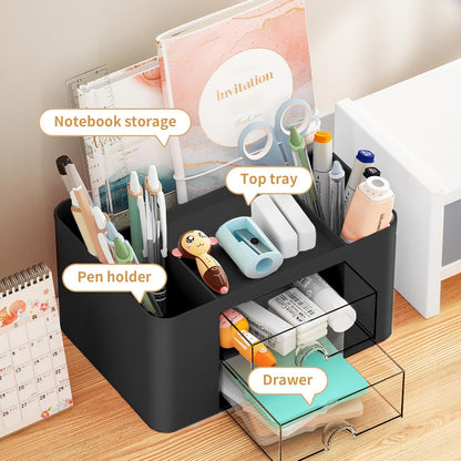 Pen Organizer with 2 Drawer, Multi-Functional Pencil Holder for Desk, Desk Organizers and Accessories with 5 Compartments + Drawer for Office Art Supplies (Yellow)