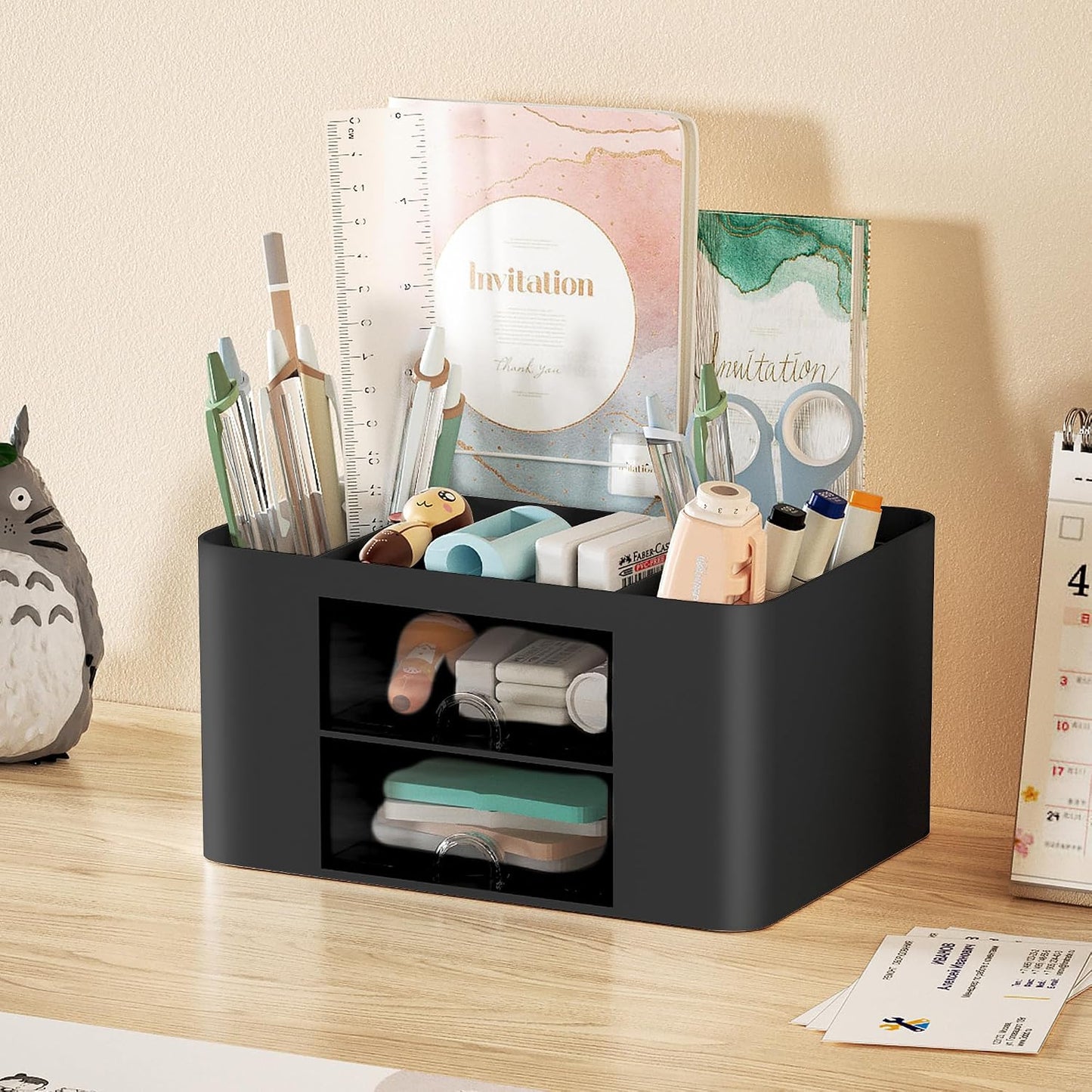 Pen Organizer with 2 Drawer, Multi-Functional Pencil Holder for Desk, Desk Organizers and Accessories with 5 Compartments + Drawer for Office Art Supplies (Yellow)