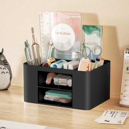 Pen Organizer with 2 Drawer, Multi-Functional Pencil Holder for Desk, Desk Organizers and Accessories with 5 Compartments + Drawer for Office Art Supplies (Yellow)