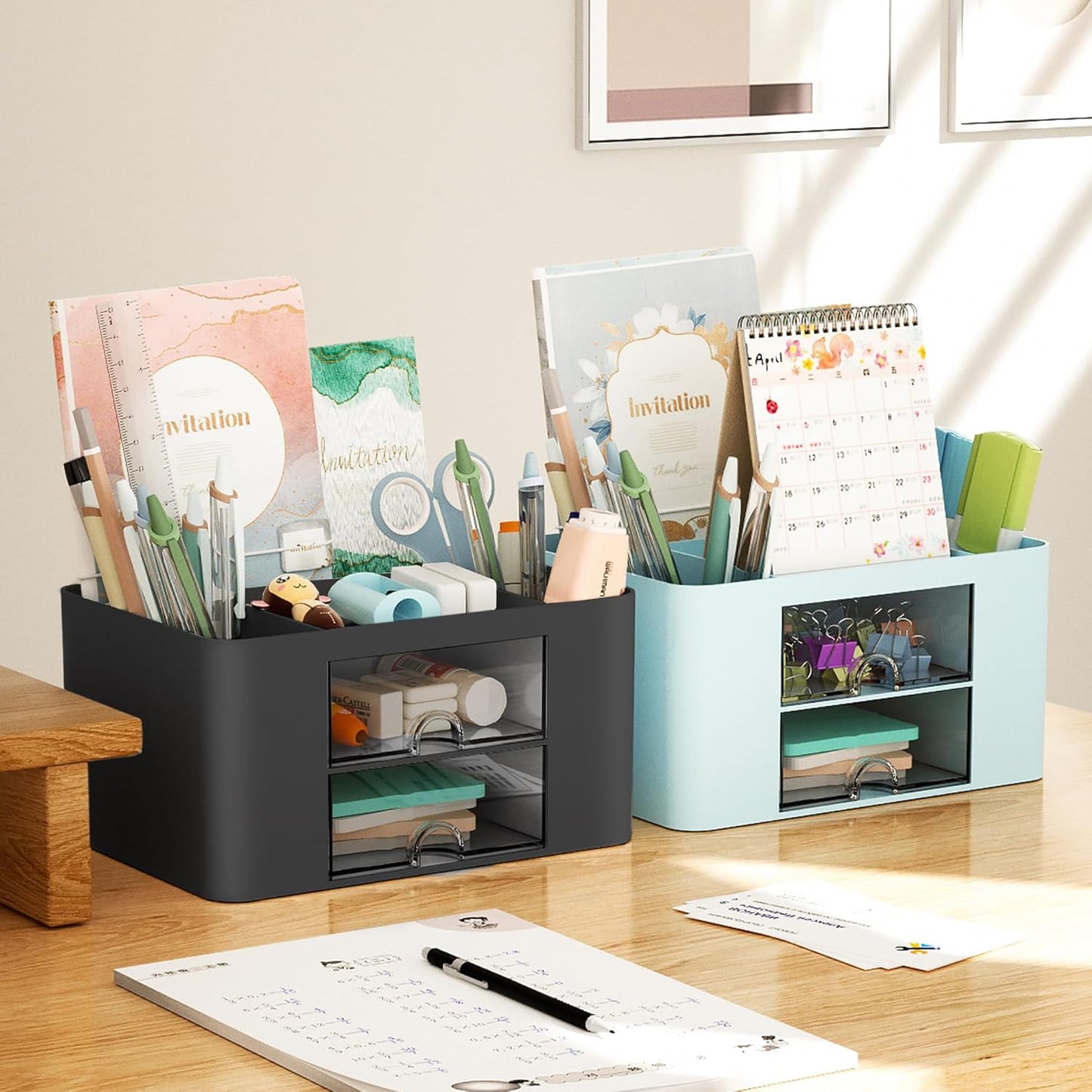 Pen Organizer with 2 Drawer, Multi-Functional Pencil Holder for Desk, Desk Organizers and Accessories with 5 Compartments + Drawer for Office Art Supplies (Yellow)