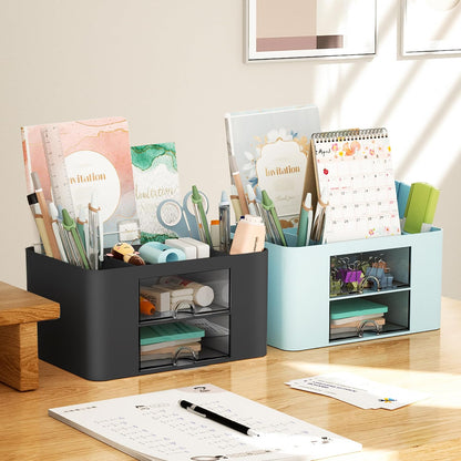 Pen Organizer with 2 Drawer, Multi-Functional Pencil Holder for Desk, Desk Organizers and Accessories with 5 Compartments + Drawer for Office Art Supplies (Yellow)