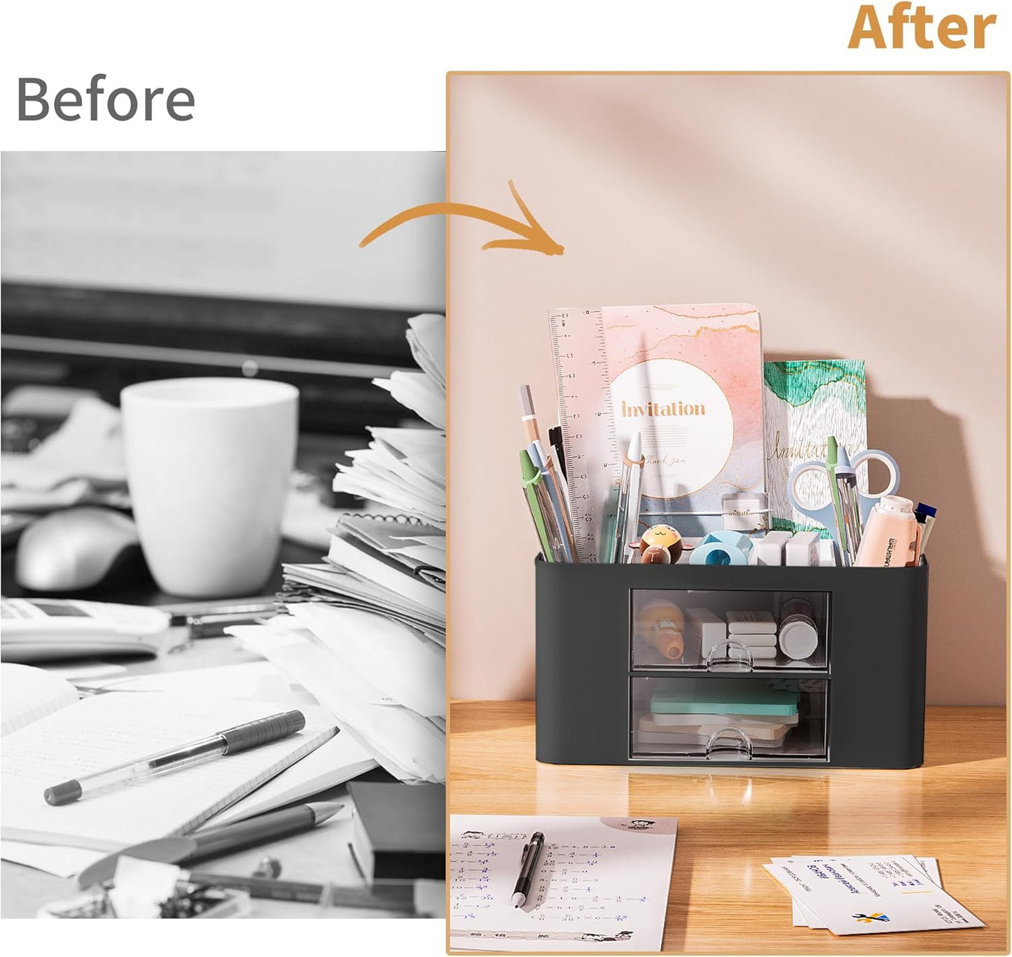 Pen Organizer with 2 Drawer, Multi-Functional Pencil Holder for Desk, Desk Organizers and Accessories with 5 Compartments + Drawer for Office Art Supplies (Yellow)