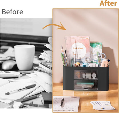 Pen Organizer with 2 Drawer, Multi-Functional Pencil Holder for Desk, Desk Organizers and Accessories with 5 Compartments + Drawer for Office Art Supplies (Yellow)
