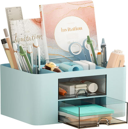 Pen Organizer with 2 Drawer, Multi-Functional Pencil Holder for Desk, Desk Organizers and Accessories with 5 Compartments + Drawer for Office Art Supplies (Yellow)