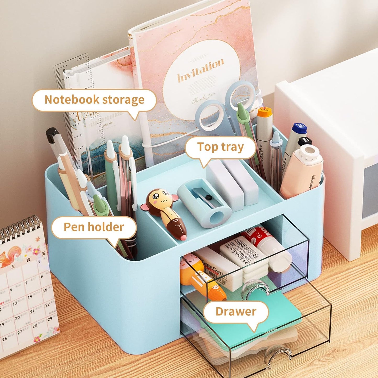 Pen Organizer with 2 Drawer, Multi-Functional Pencil Holder for Desk, Desk Organizers and Accessories with 5 Compartments + Drawer for Office Art Supplies (Yellow)
