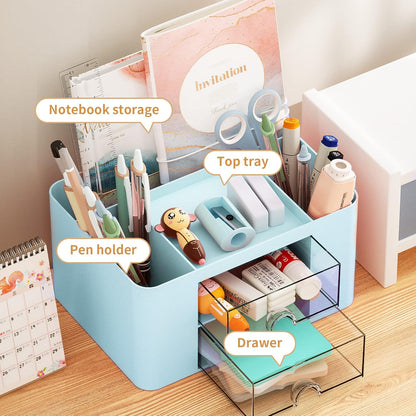 Pen Organizer with 2 Drawer, Multi-Functional Pencil Holder for Desk, Desk Organizers and Accessories with 5 Compartments + Drawer for Office Art Supplies (Yellow)
