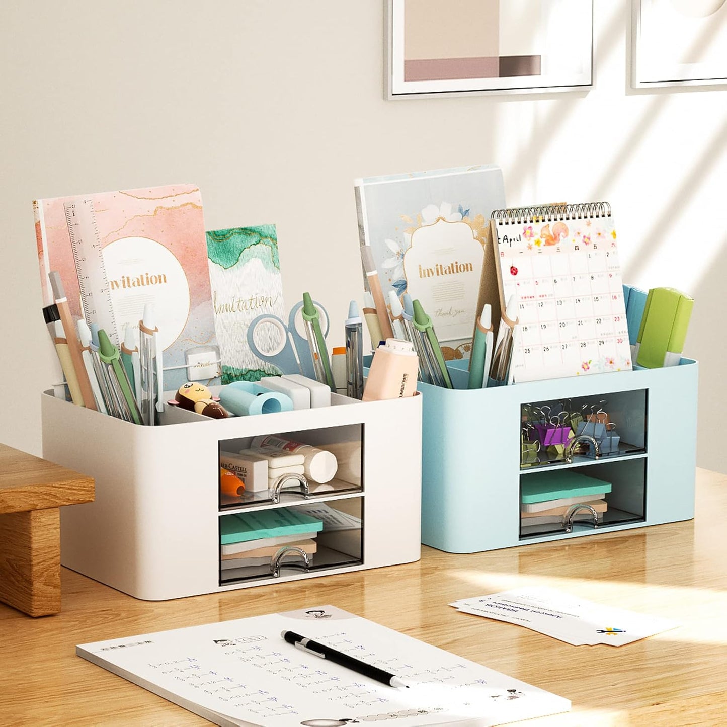Pen Organizer with 2 Drawer, Multi-Functional Pencil Holder for Desk, Desk Organizers and Accessories with 5 Compartments + Drawer for Office Art Supplies (Yellow)