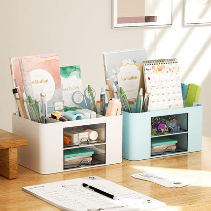 Pen Organizer with 2 Drawer, Multi-Functional Pencil Holder for Desk, Desk Organizers and Accessories with 5 Compartments + Drawer for Office Art Supplies (Yellow)