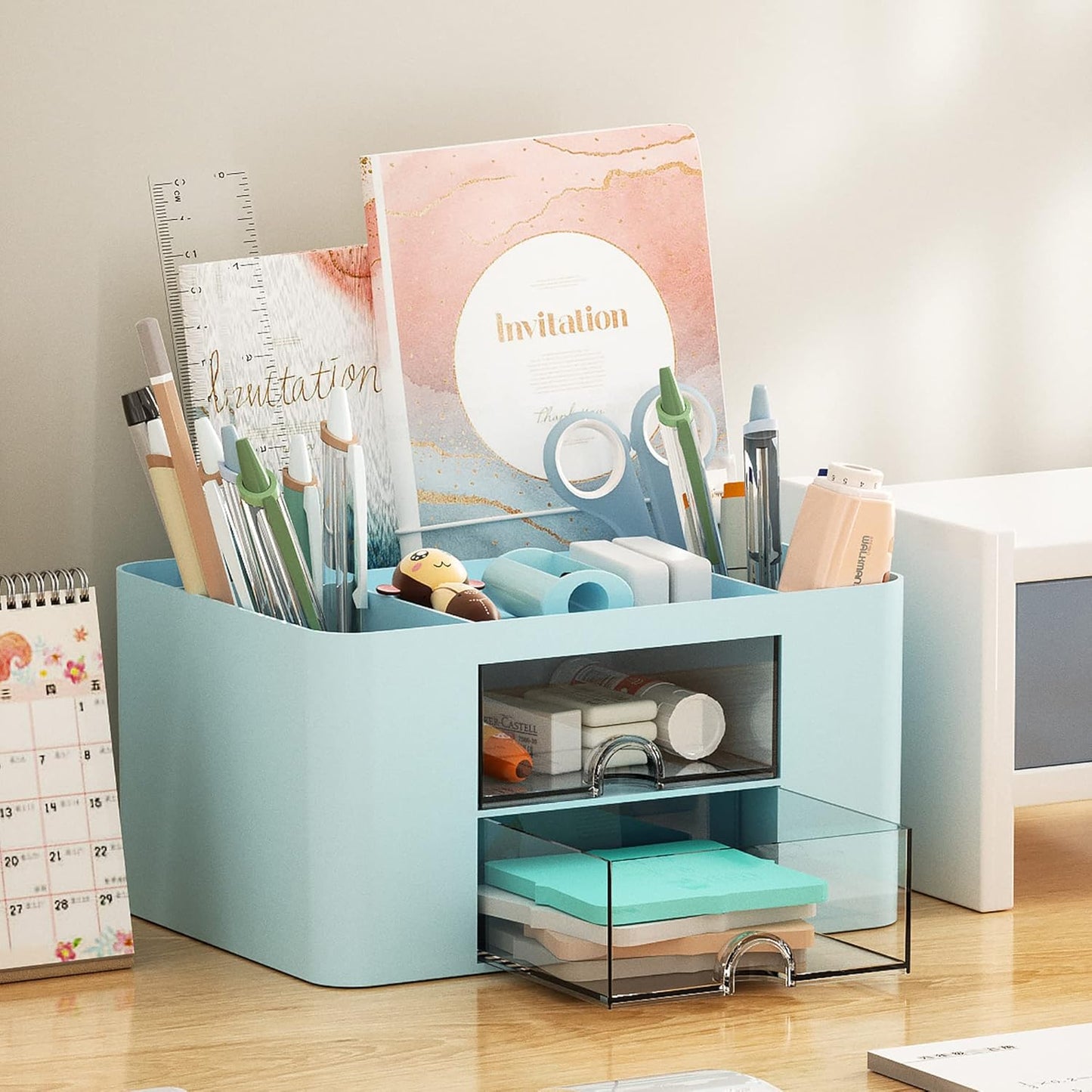 Pen Organizer with 2 Drawer, Multi-Functional Pencil Holder for Desk, Desk Organizers and Accessories with 5 Compartments + Drawer for Office Art Supplies (Yellow)