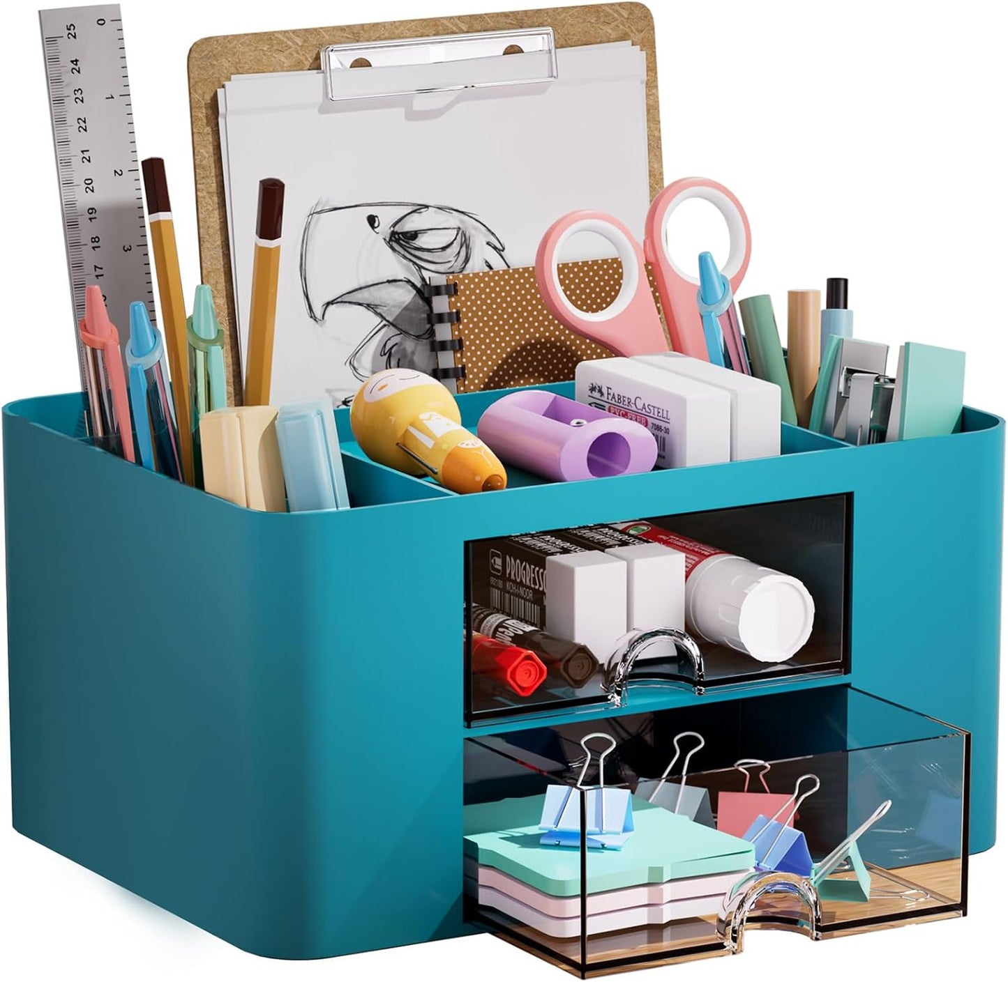 Pen Organizer with 2 Drawer, Multi-Functional Pencil Holder for Desk, Desk Organizers and Accessories with 5 Compartments + Drawer for Office Art Supplies (Yellow)