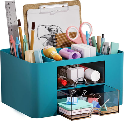 Pen Organizer with 2 Drawer, Multi-Functional Pencil Holder for Desk, Desk Organizers and Accessories with 5 Compartments + Drawer for Office Art Supplies (Yellow)