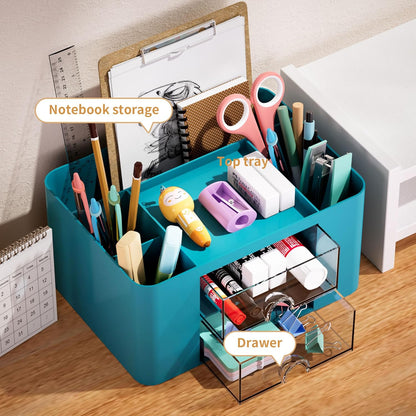 Pen Organizer with 2 Drawer, Multi-Functional Pencil Holder for Desk, Desk Organizers and Accessories with 5 Compartments + Drawer for Office Art Supplies (Yellow)