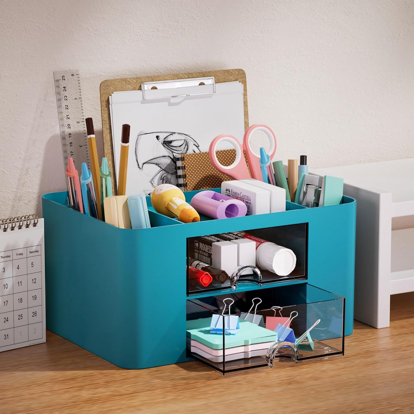 Pen Organizer with 2 Drawer, Multi-Functional Pencil Holder for Desk, Desk Organizers and Accessories with 5 Compartments + Drawer for Office Art Supplies (Yellow)