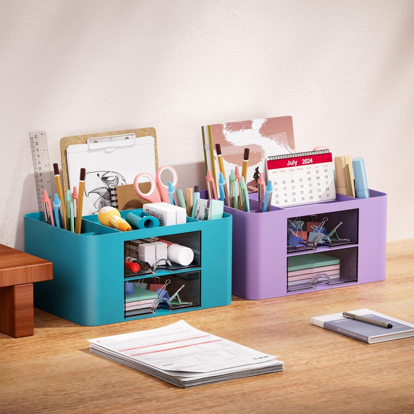 Pen Organizer with 2 Drawer, Multi-Functional Pencil Holder for Desk, Desk Organizers and Accessories with 5 Compartments + Drawer for Office Art Supplies (Yellow)