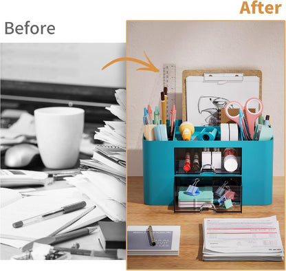 Pen Organizer with 2 Drawer, Multi-Functional Pencil Holder for Desk, Desk Organizers and Accessories with 5 Compartments + Drawer for Office Art Supplies (Yellow)