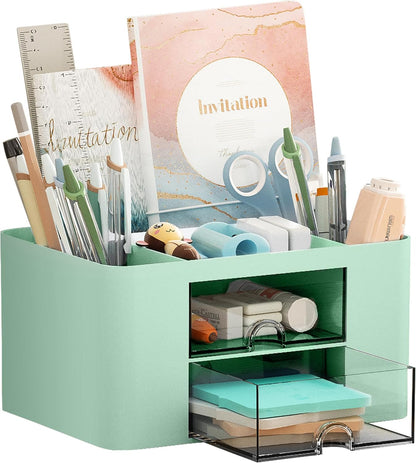 Pen Organizer with 2 Drawer, Multi-Functional Pencil Holder for Desk, Desk Organizers and Accessories with 5 Compartments + Drawer for Office Art Supplies (Yellow)