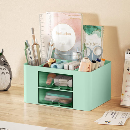 Pen Organizer with 2 Drawer, Multi-Functional Pencil Holder for Desk, Desk Organizers and Accessories with 5 Compartments + Drawer for Office Art Supplies (Yellow)