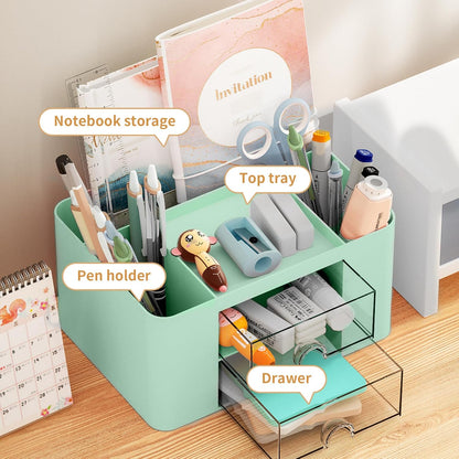 Pen Organizer with 2 Drawer, Multi-Functional Pencil Holder for Desk, Desk Organizers and Accessories with 5 Compartments + Drawer for Office Art Supplies (Yellow)