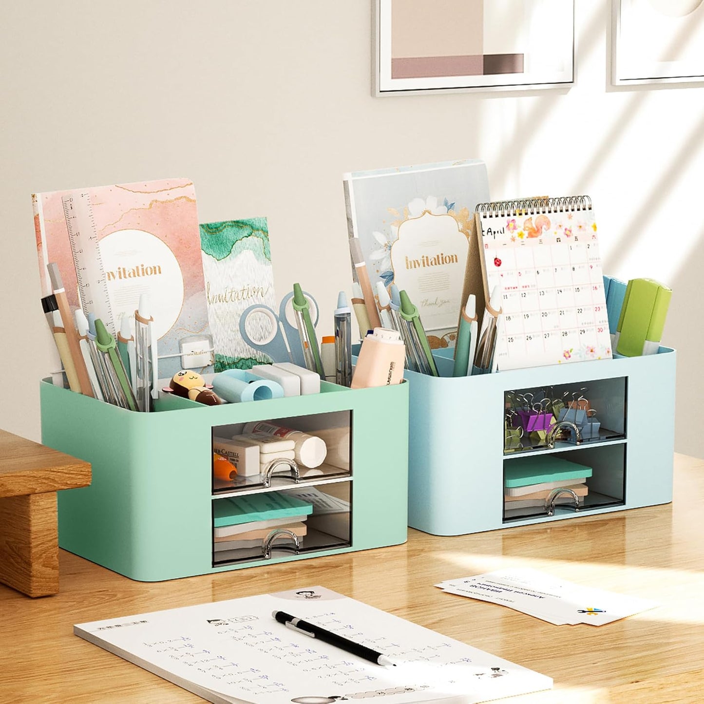 Pen Organizer with 2 Drawer, Multi-Functional Pencil Holder for Desk, Desk Organizers and Accessories with 5 Compartments + Drawer for Office Art Supplies (Yellow)