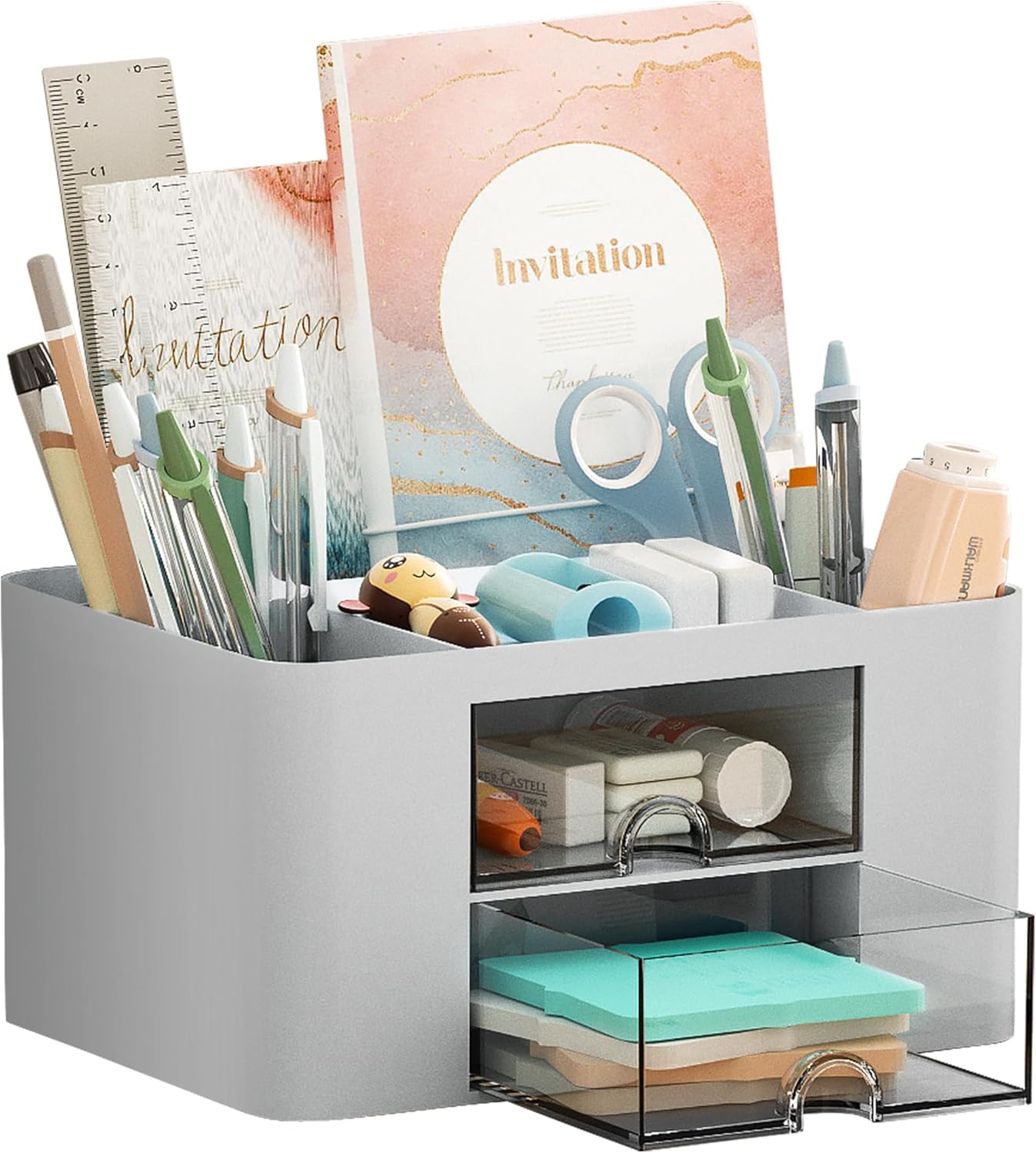 Pen Organizer with 2 Drawer, Multi-Functional Pencil Holder for Desk, Desk Organizers and Accessories with 5 Compartments + Drawer for Office Art Supplies (Yellow)