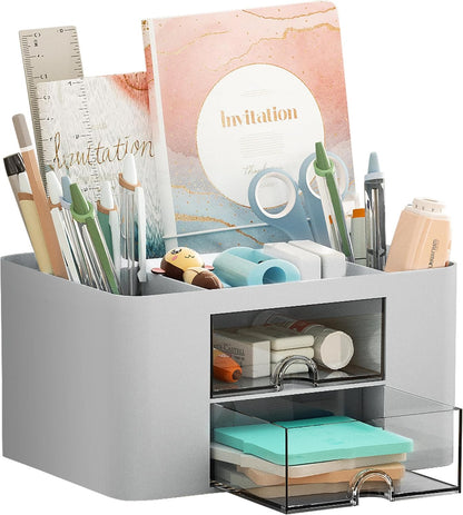 Pen Organizer with 2 Drawer, Multi-Functional Pencil Holder for Desk, Desk Organizers and Accessories with 5 Compartments + Drawer for Office Art Supplies (Yellow)
