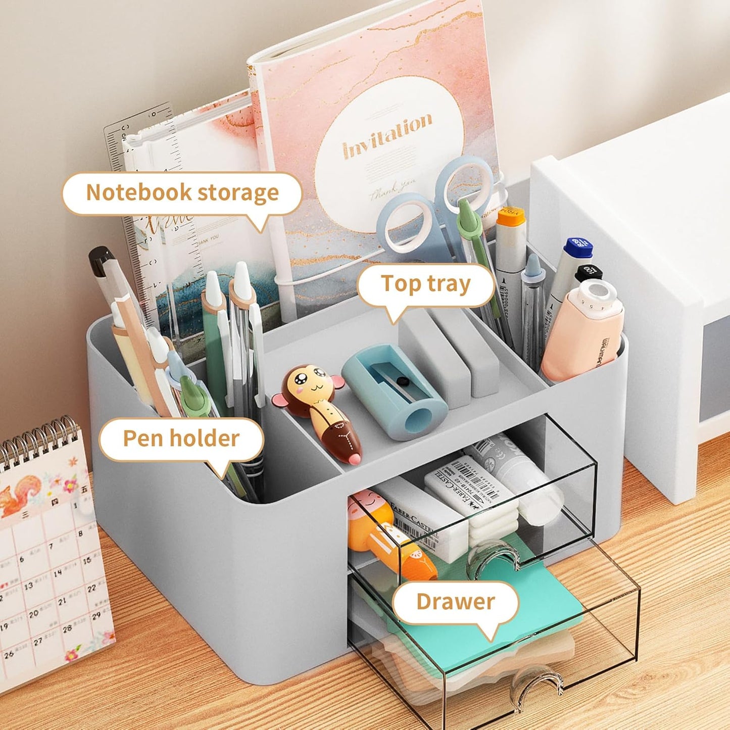 Pen Organizer with 2 Drawer, Multi-Functional Pencil Holder for Desk, Desk Organizers and Accessories with 5 Compartments + Drawer for Office Art Supplies (Yellow)