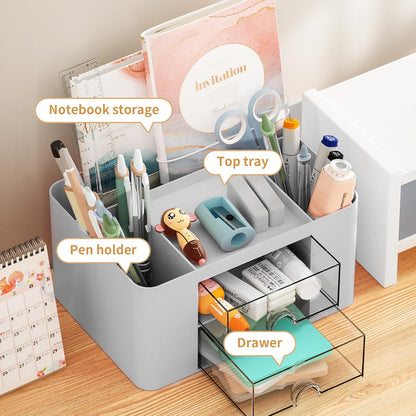 Pen Organizer with 2 Drawer, Multi-Functional Pencil Holder for Desk, Desk Organizers and Accessories with 5 Compartments + Drawer for Office Art Supplies (Yellow)