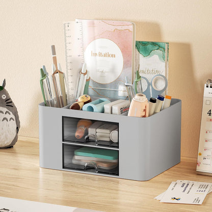 Pen Organizer with 2 Drawer, Multi-Functional Pencil Holder for Desk, Desk Organizers and Accessories with 5 Compartments + Drawer for Office Art Supplies (Yellow)