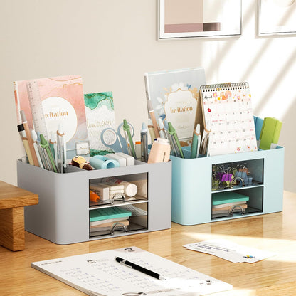 Pen Organizer with 2 Drawer, Multi-Functional Pencil Holder for Desk, Desk Organizers and Accessories with 5 Compartments + Drawer for Office Art Supplies (Yellow)