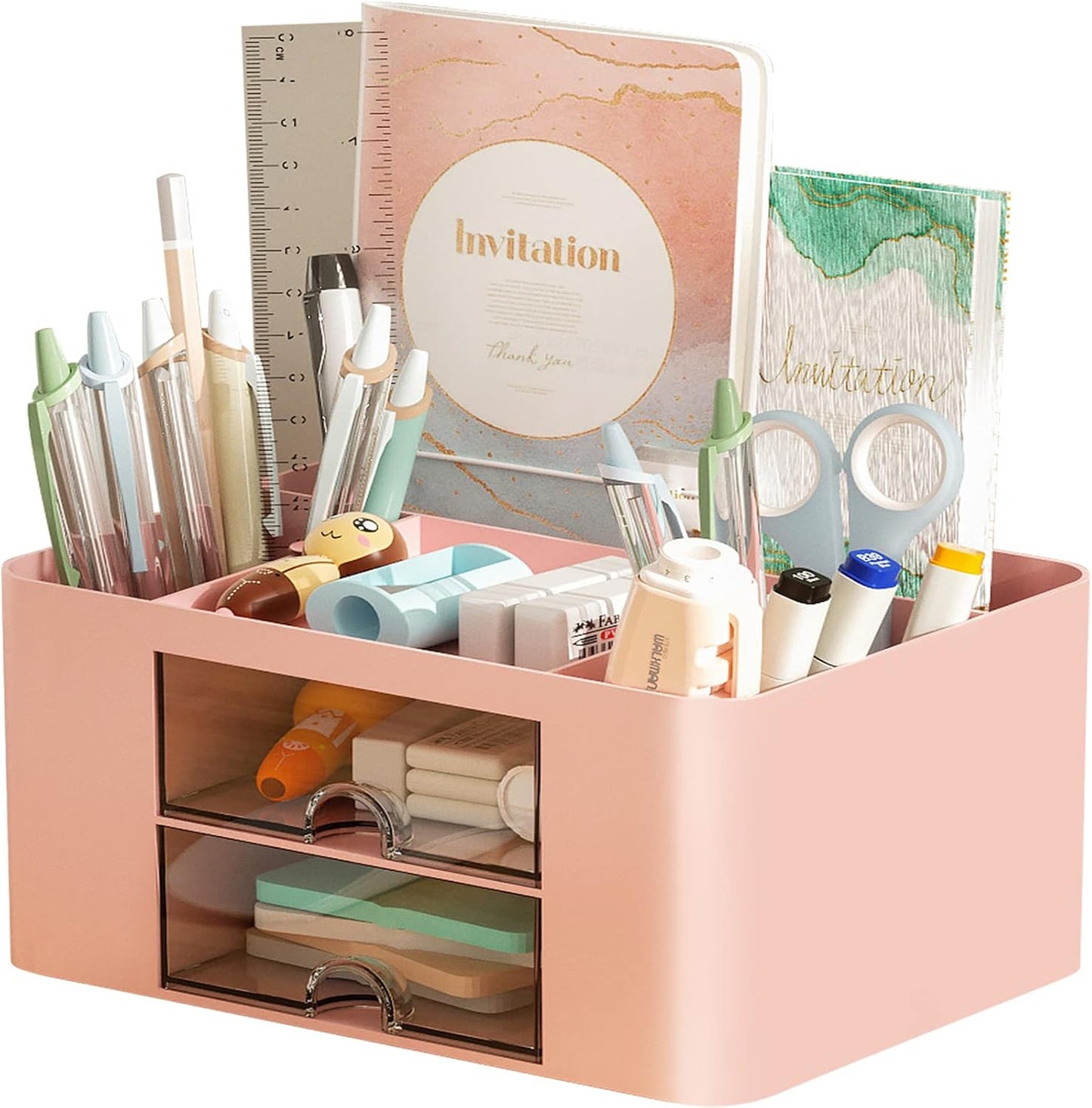 Pen Organizer with 2 Drawer, Multi-Functional Pencil Holder for Desk, Desk Organizers and Accessories with 5 Compartments + Drawer for Office Art Supplies (Yellow)