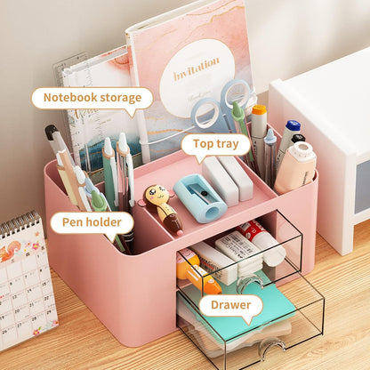 Pen Organizer with 2 Drawer, Multi-Functional Pencil Holder for Desk, Desk Organizers and Accessories with 5 Compartments + Drawer for Office Art Supplies (Yellow)