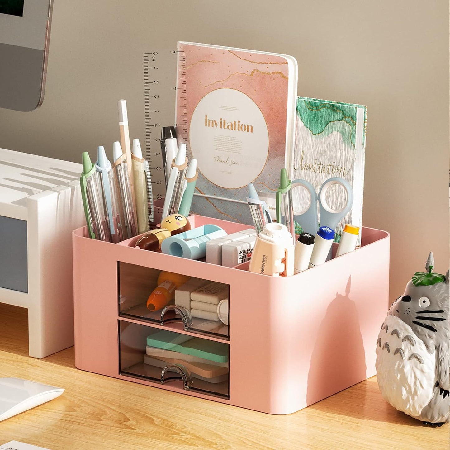 Pen Organizer with 2 Drawer, Multi-Functional Pencil Holder for Desk, Desk Organizers and Accessories with 5 Compartments + Drawer for Office Art Supplies (Yellow)