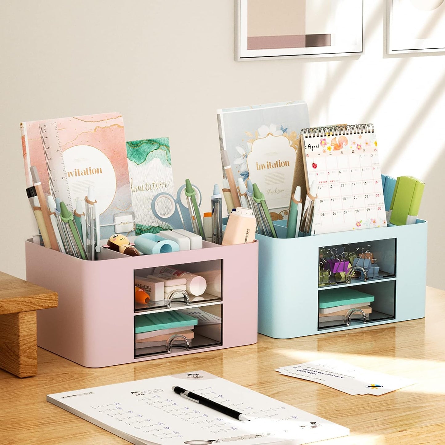 Pen Organizer with 2 Drawer, Multi-Functional Pencil Holder for Desk, Desk Organizers and Accessories with 5 Compartments + Drawer for Office Art Supplies (Yellow)