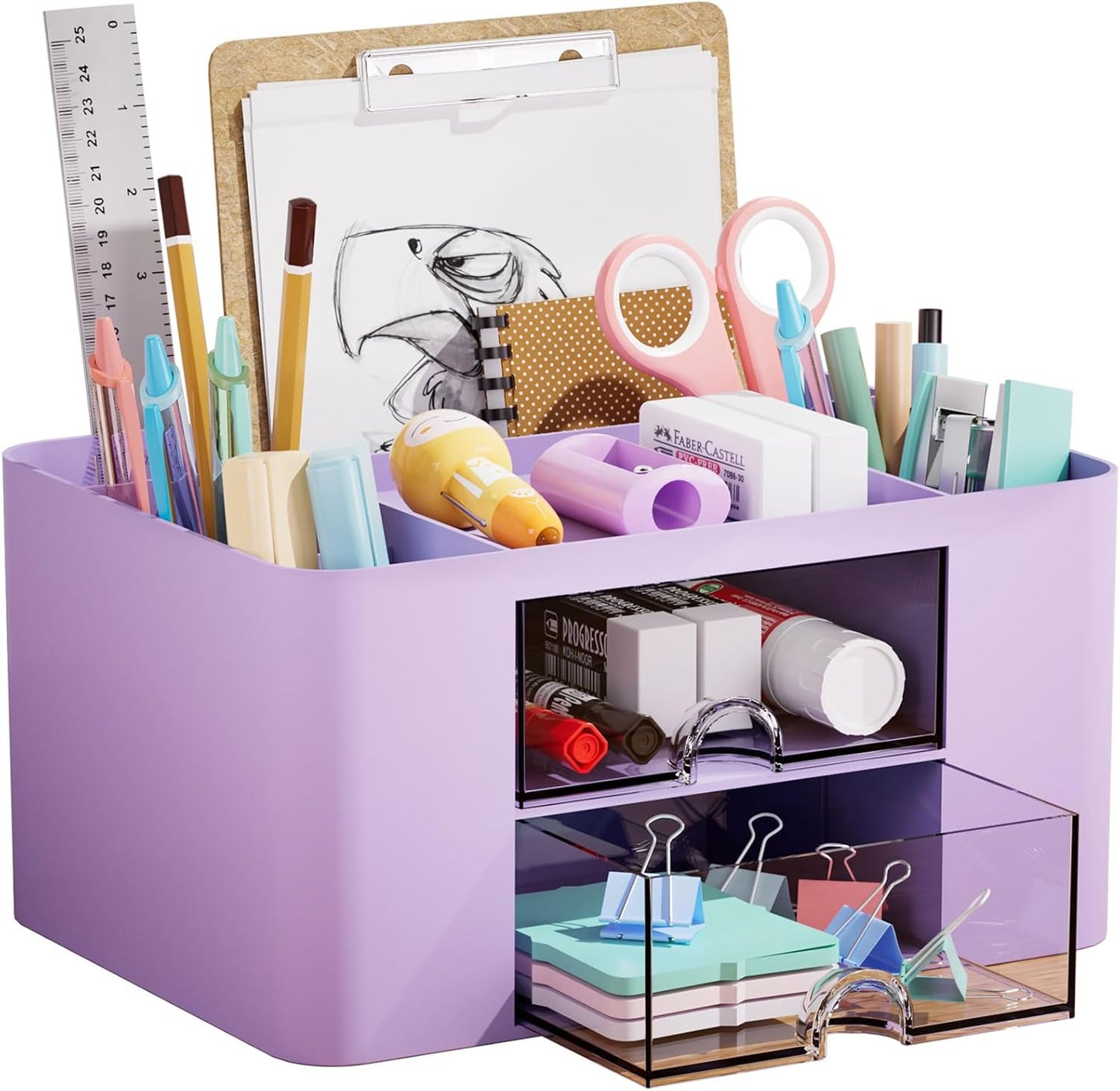 Pen Organizer with 2 Drawer, Multi-Functional Pencil Holder for Desk, Desk Organizers and Accessories with 5 Compartments + Drawer for Office Art Supplies (Yellow)