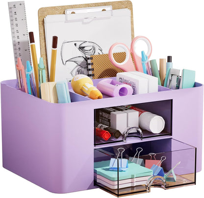 Pen Organizer with 2 Drawer, Multi-Functional Pencil Holder for Desk, Desk Organizers and Accessories with 5 Compartments + Drawer for Office Art Supplies (Yellow)