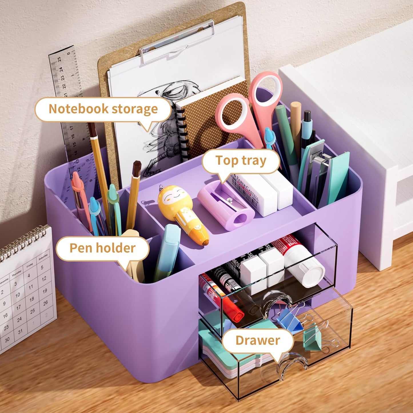 Pen Organizer with 2 Drawer, Multi-Functional Pencil Holder for Desk, Desk Organizers and Accessories with 5 Compartments + Drawer for Office Art Supplies (Yellow)