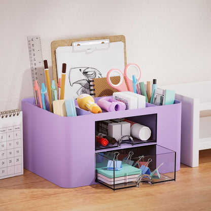 Pen Organizer with 2 Drawer, Multi-Functional Pencil Holder for Desk, Desk Organizers and Accessories with 5 Compartments + Drawer for Office Art Supplies (Yellow)