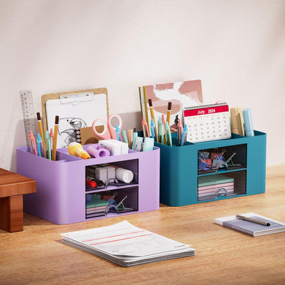 Pen Organizer with 2 Drawer, Multi-Functional Pencil Holder for Desk, Desk Organizers and Accessories with 5 Compartments + Drawer for Office Art Supplies (Yellow)