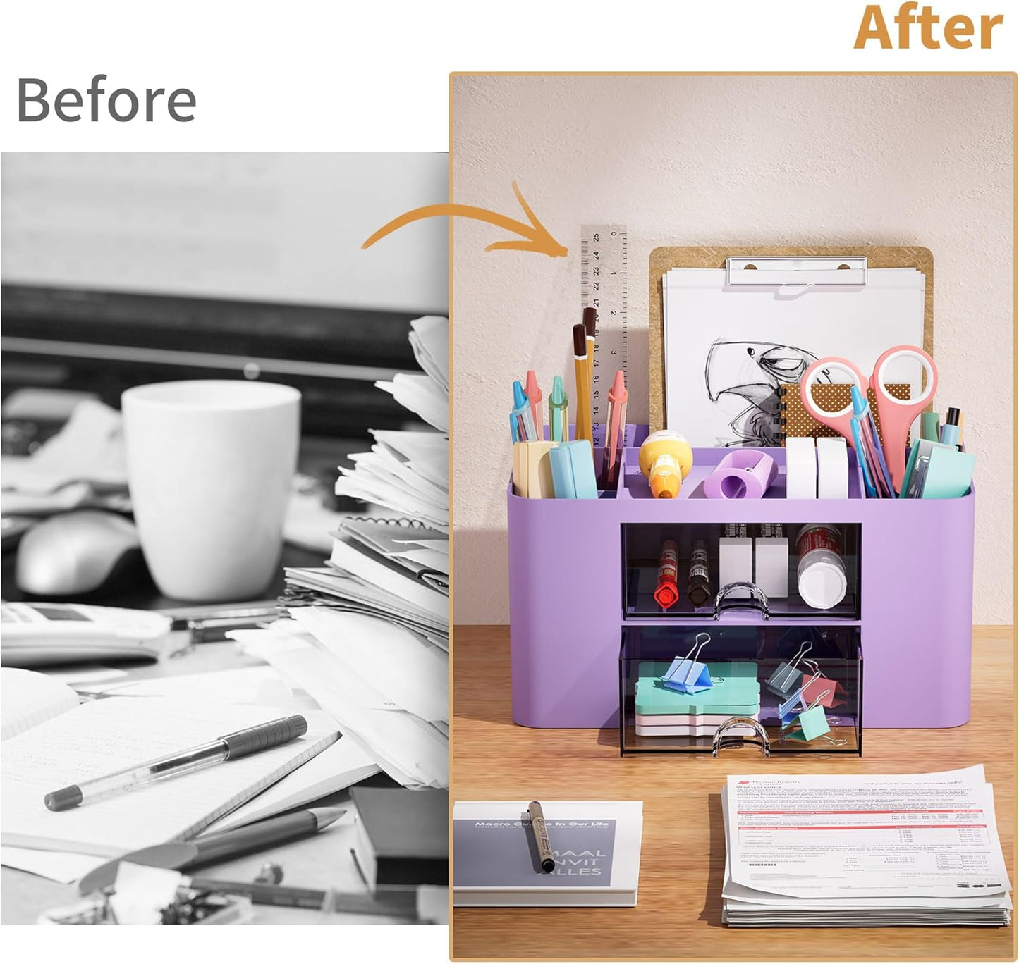 Pen Organizer with 2 Drawer, Multi-Functional Pencil Holder for Desk, Desk Organizers and Accessories with 5 Compartments + Drawer for Office Art Supplies (Yellow)