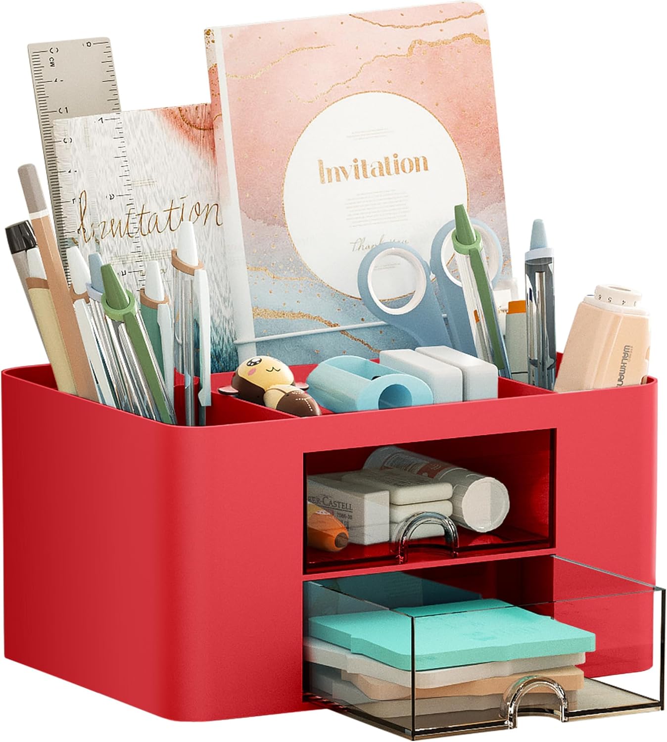 Pen Organizer with 2 Drawer, Multi-Functional Pencil Holder for Desk, Desk Organizers and Accessories with 5 Compartments + Drawer for Office Art Supplies (Yellow)