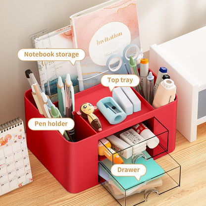 Pen Organizer with 2 Drawer, Multi-Functional Pencil Holder for Desk, Desk Organizers and Accessories with 5 Compartments + Drawer for Office Art Supplies (Yellow)
