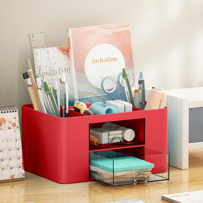 Pen Organizer with 2 Drawer, Multi-Functional Pencil Holder for Desk, Desk Organizers and Accessories with 5 Compartments + Drawer for Office Art Supplies (Yellow)