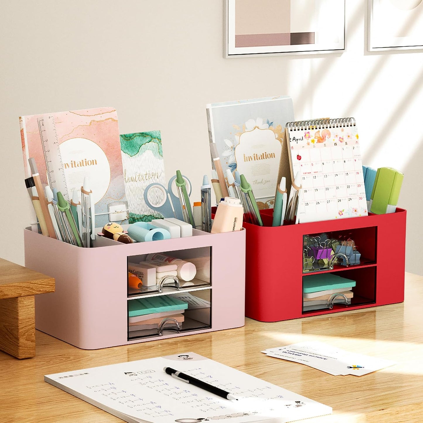 Pen Organizer with 2 Drawer, Multi-Functional Pencil Holder for Desk, Desk Organizers and Accessories with 5 Compartments + Drawer for Office Art Supplies (Yellow)