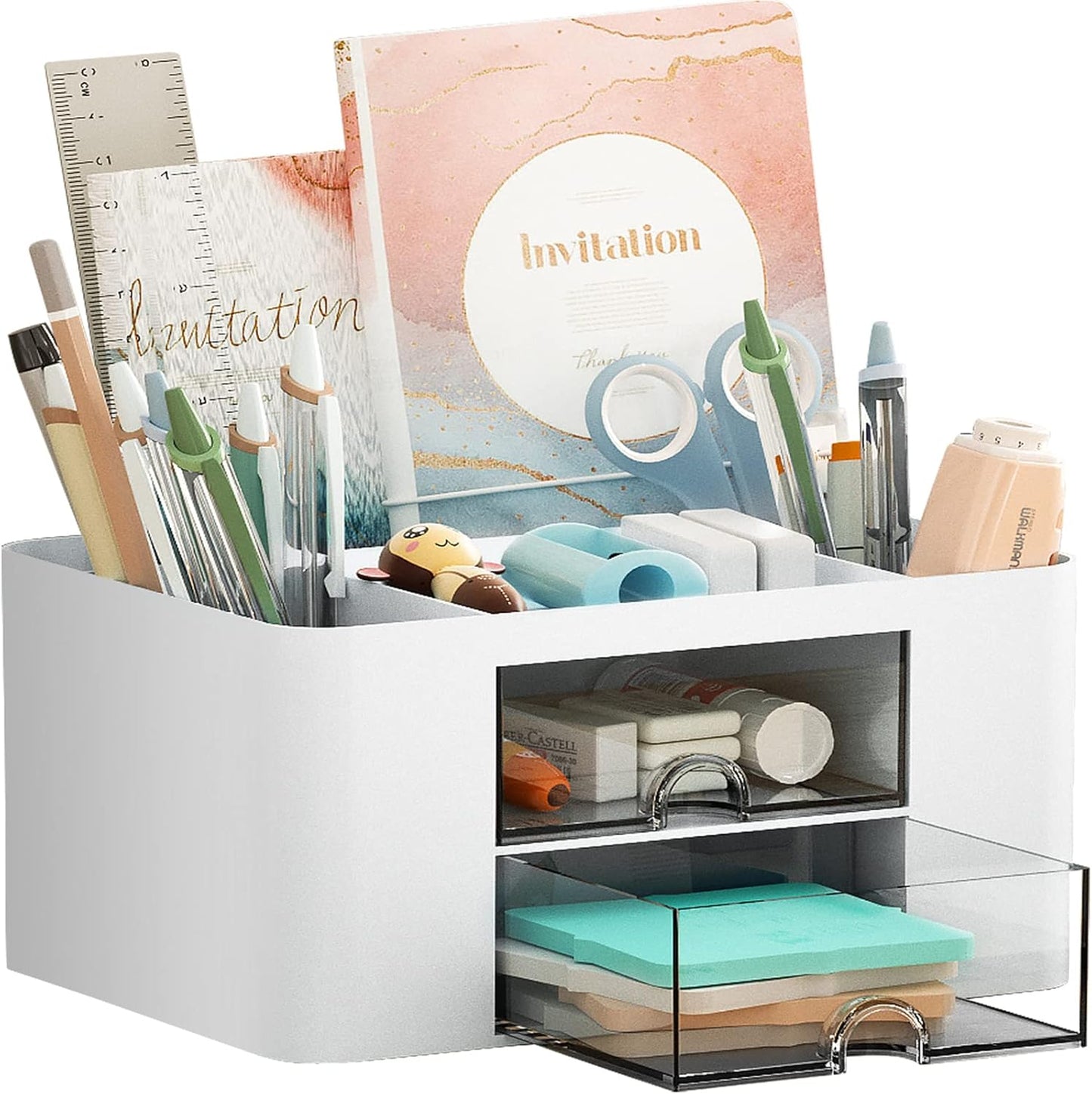 Pen Organizer with 2 Drawer, Multi-Functional Pencil Holder for Desk, Desk Organizers and Accessories with 5 Compartments + Drawer for Office Art Supplies (Yellow)