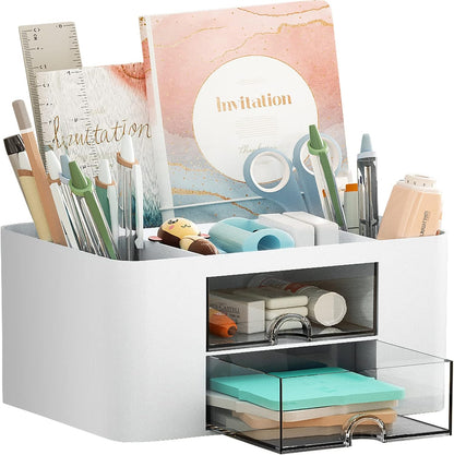 Pen Organizer with 2 Drawer, Multi-Functional Pencil Holder for Desk, Desk Organizers and Accessories with 5 Compartments + Drawer for Office Art Supplies (Yellow)