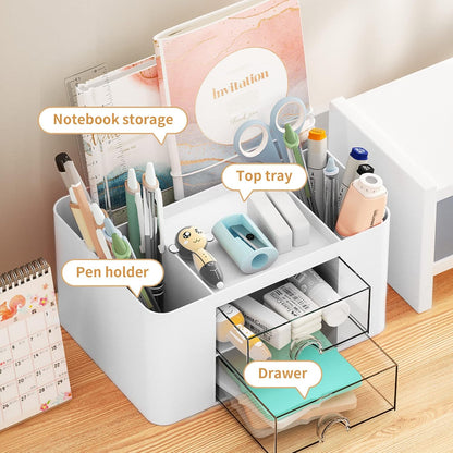 Pen Organizer with 2 Drawer, Multi-Functional Pencil Holder for Desk, Desk Organizers and Accessories with 5 Compartments + Drawer for Office Art Supplies (Yellow)