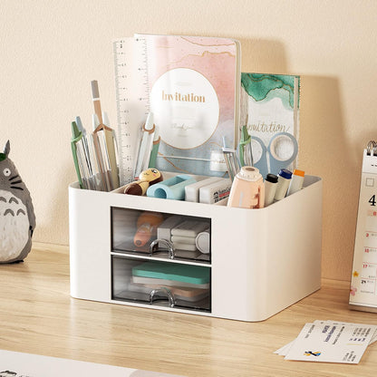 Pen Organizer with 2 Drawer, Multi-Functional Pencil Holder for Desk, Desk Organizers and Accessories with 5 Compartments + Drawer for Office Art Supplies (Yellow)