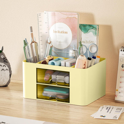 Pen Organizer with 2 Drawer, Multi-Functional Pencil Holder for Desk, Desk Organizers and Accessories with 5 Compartments + Drawer for Office Art Supplies (Yellow)